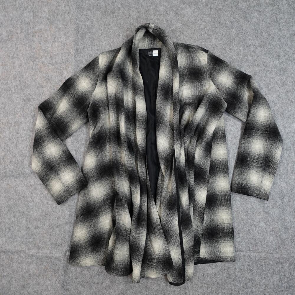 Saks Fifth Avenue Jacket‎ Cardigan Medium Plaid Wool Drape Black Cream Waterfall